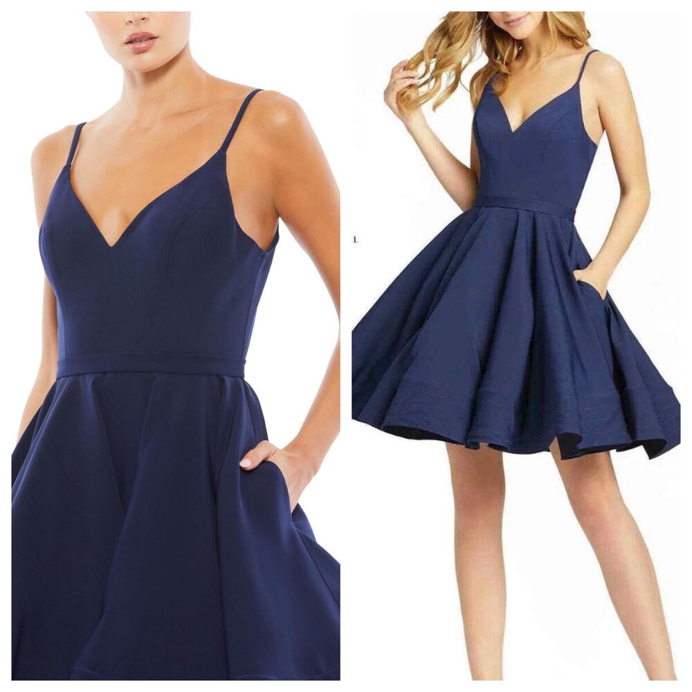 Mac Duggal Navy V-Neck Spaghetti Strap Fit-and-Flare Mini Dress